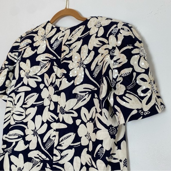 Vintage BILL BLASS Womans Linen Shift Short Sleeve Dress Sequined Beaded 12 - Picture 10 of 15